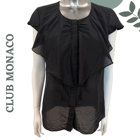 Club Monaco Black Semi Sheer Ruffle Front Silk Blend Cotton Blouse – Size Medium - Picture 1 of 6